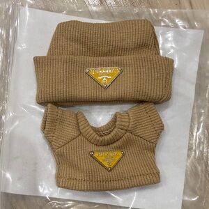 Pr@d@ Camel Ribbed Beanie and Cropped Sweater with Yellow Logo for Labubu
